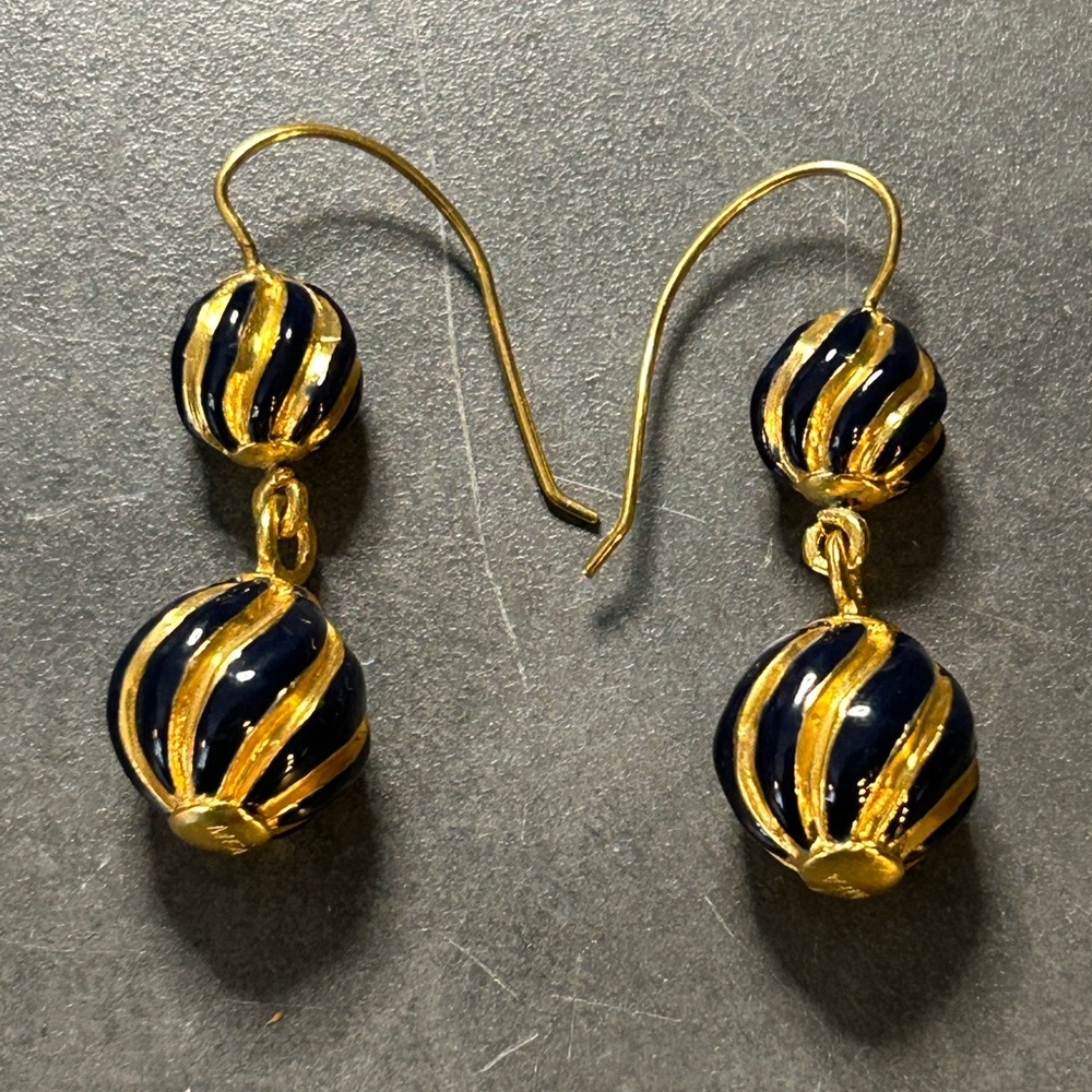 Vintage MFA Museum of Fine Arts Blue Enamel Gold Tone Hanging Earrings
